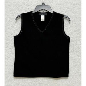 Jones New York Petite Black Sleeveless Top Beaded V‎ Neck Knit Tank PL